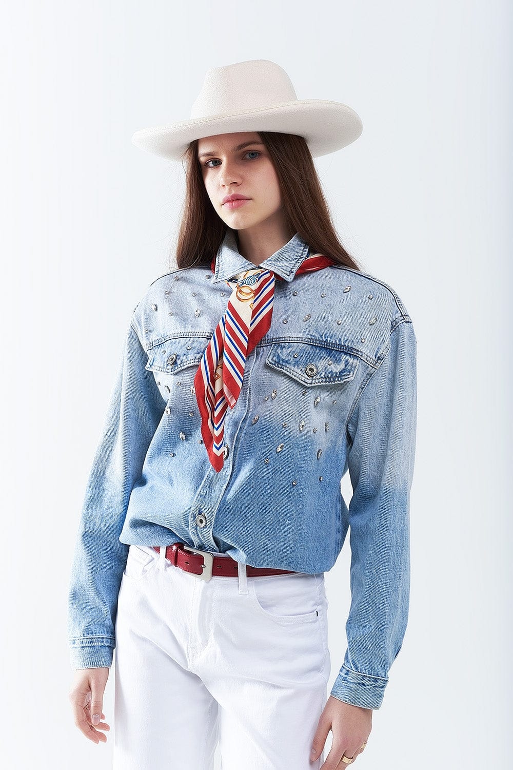 Q2 Women's Blouse Wash Denim Overshirt With Chest Pockets And Embroidered Strass Details