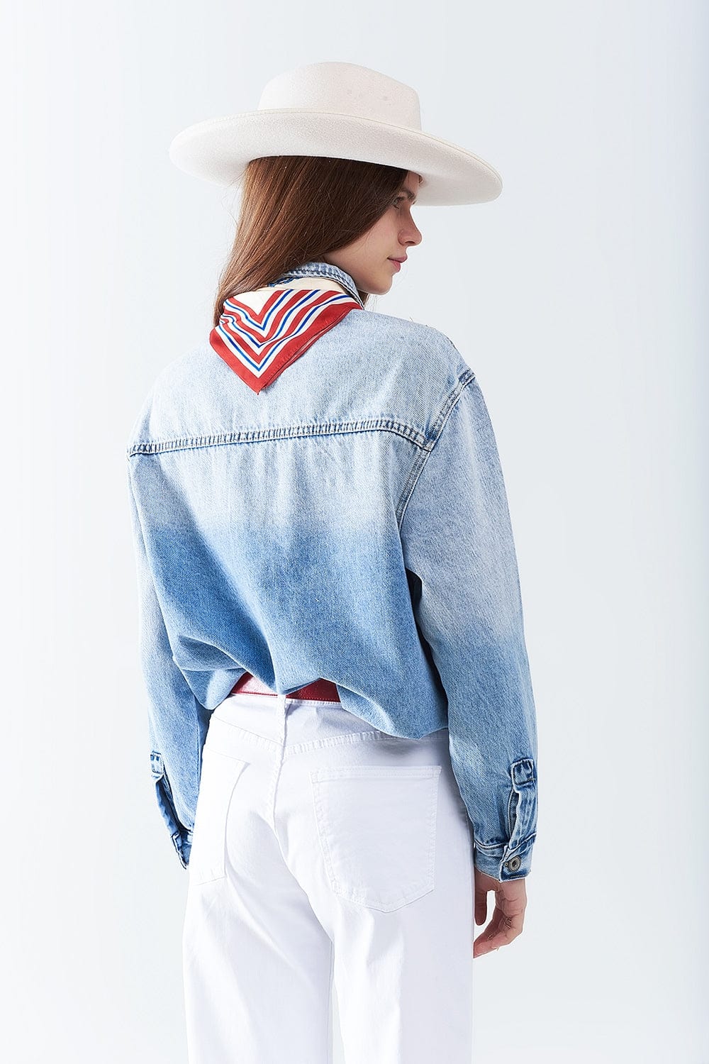 Q2 Women's Blouse Wash Denim Overshirt With Chest Pockets And Embroidered Strass Details