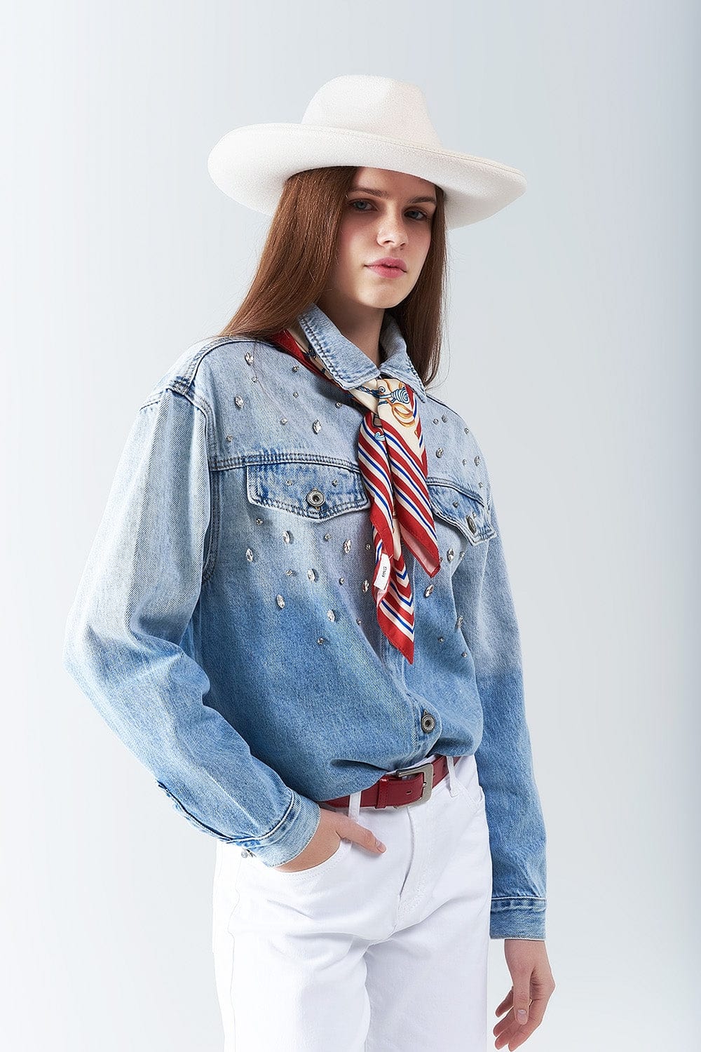 Q2 Women's Blouse Wash Denim Overshirt With Chest Pockets And Embroidered Strass Details