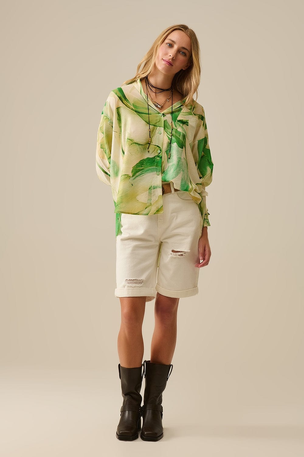 Q2 Women's Blouse Watercolor Print Button-Down Blouse In Green