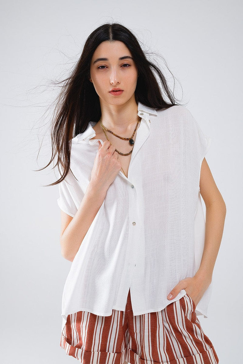 Q2 Women's Blouse White Button Up Blouse With Polo Collar