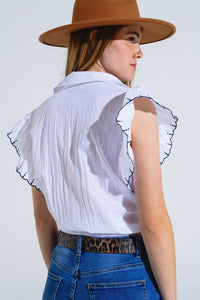 Q2 Women's Blouse White Button Up Shirt With Polo Collar And Ruffled Sleeves With Black Trim