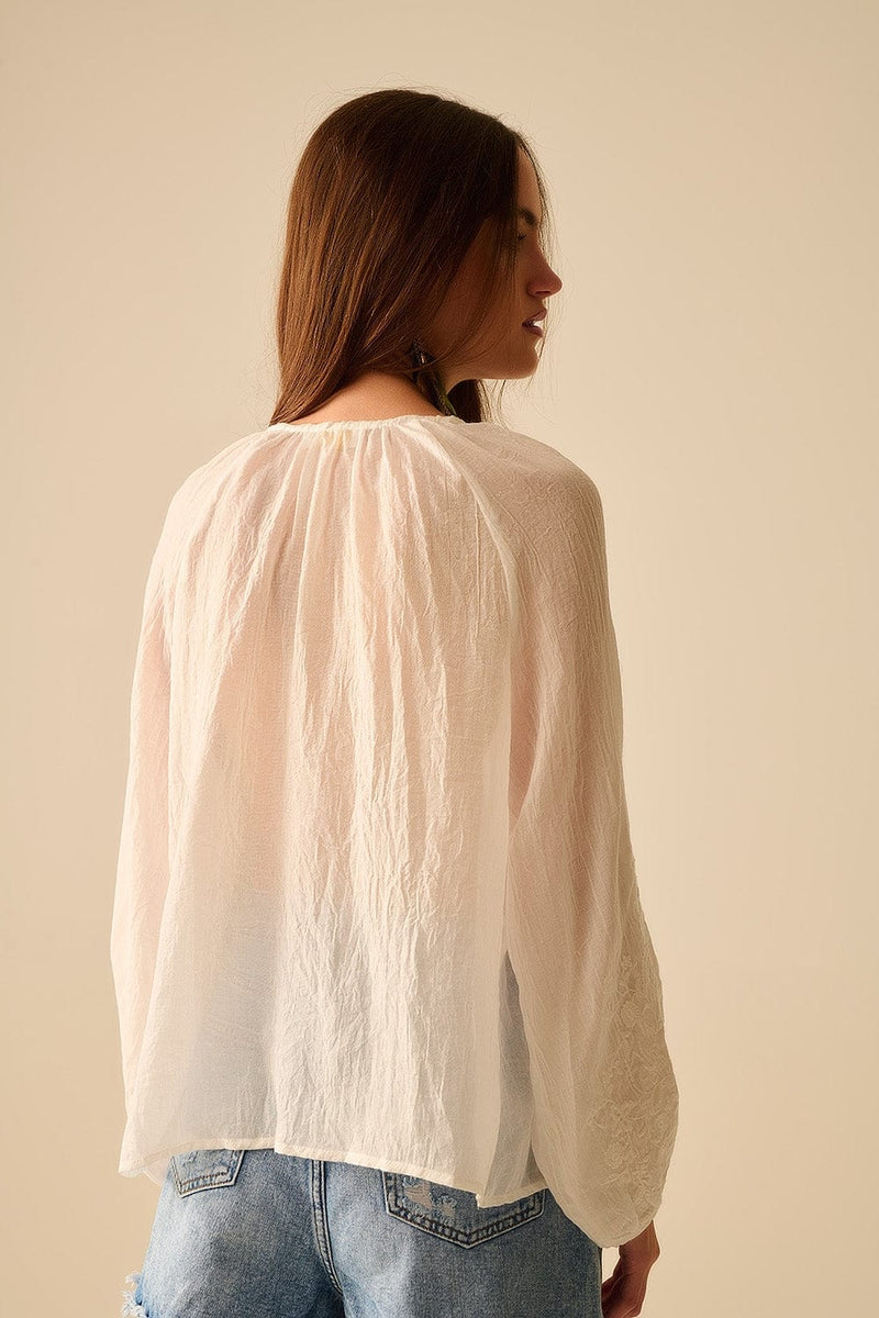 Q2 Women's Blouse White Chiffon Blouse With Embroidery On The Sleeves