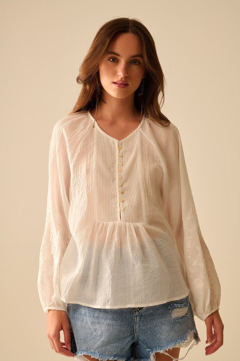 Q2 Women's Blouse White Chiffon Blouse With Embroidery On The Sleeves