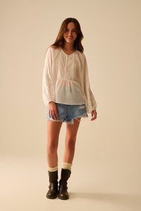 Q2 Women's Blouse White Chiffon Blouse With Embroidery On The Sleeves