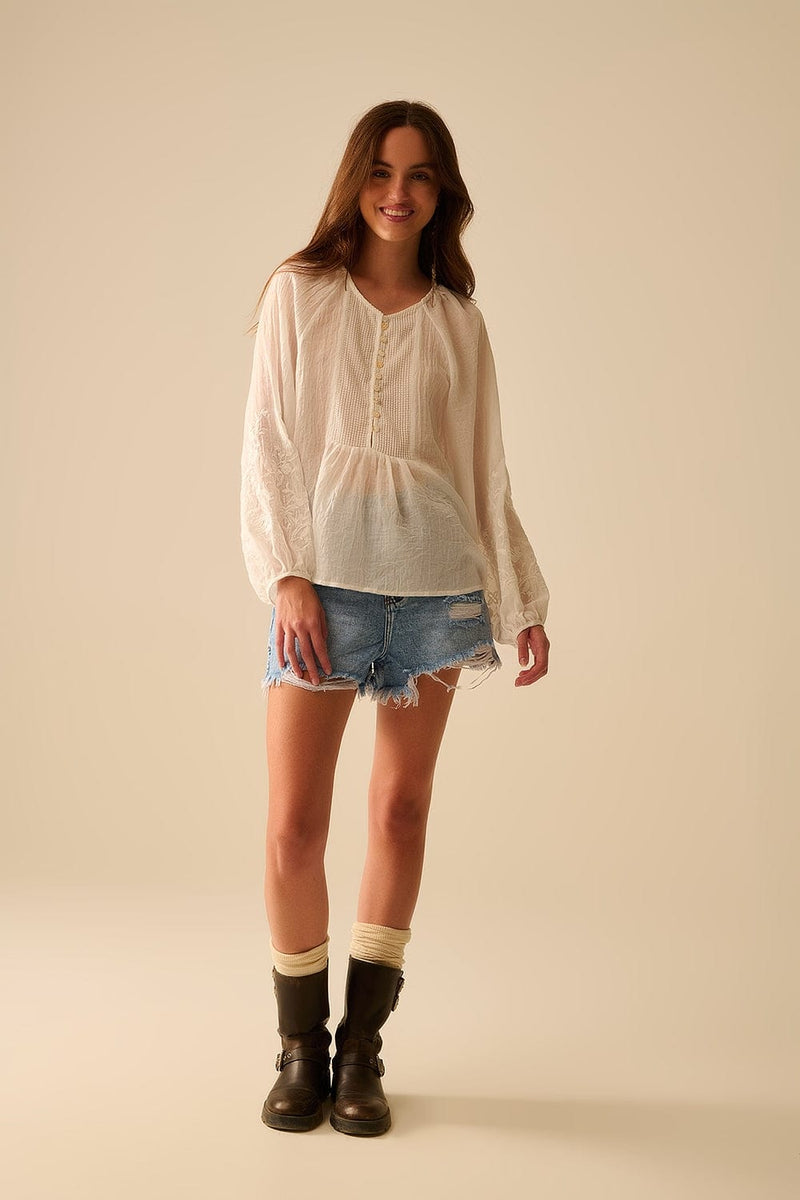 Q2 Women's Blouse White Chiffon Blouse With Embroidery On The Sleeves