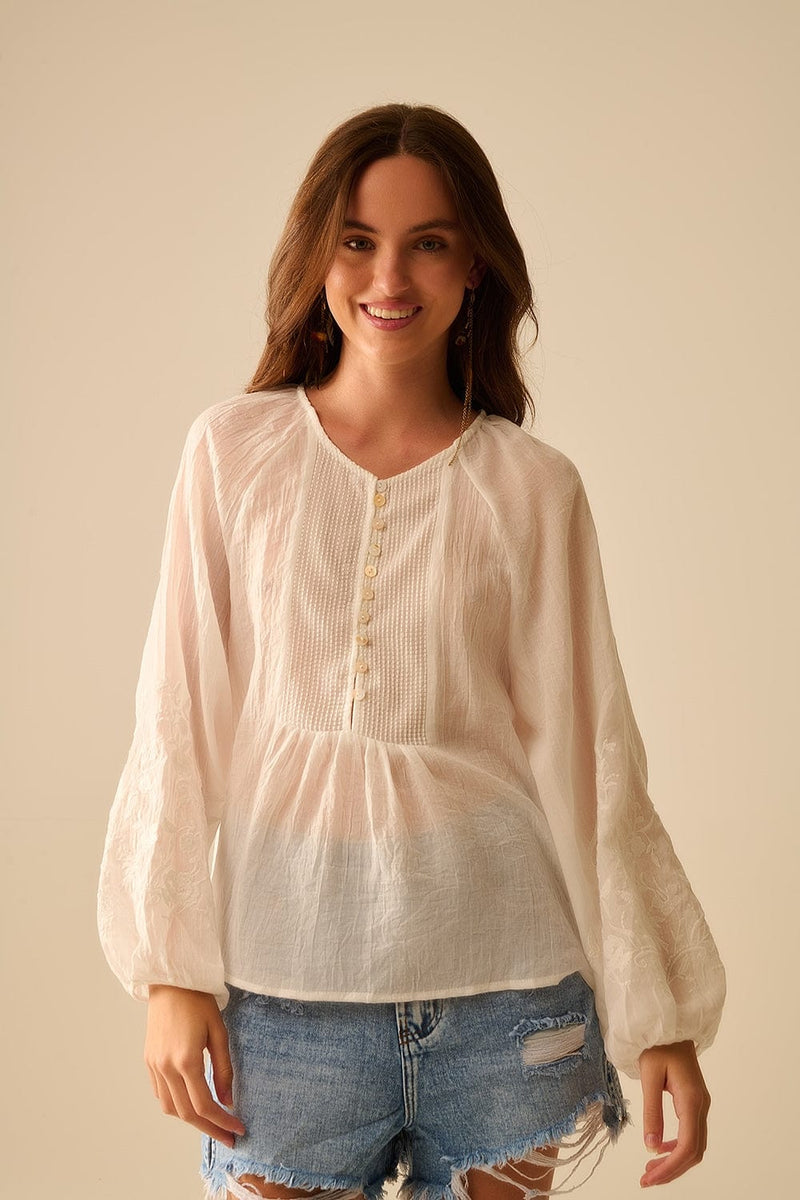 Q2 Women's Blouse White Chiffon Blouse With Embroidery On The Sleeves