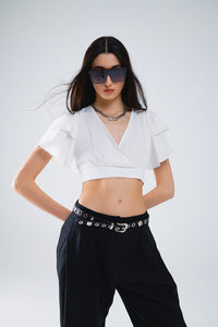 Q2 Women's Blouse White Crop Top With Short Sleeves And V-Neck