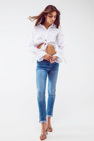 Q2 Women's Blouse White Cropped Top With Gathered Sleeve Detail