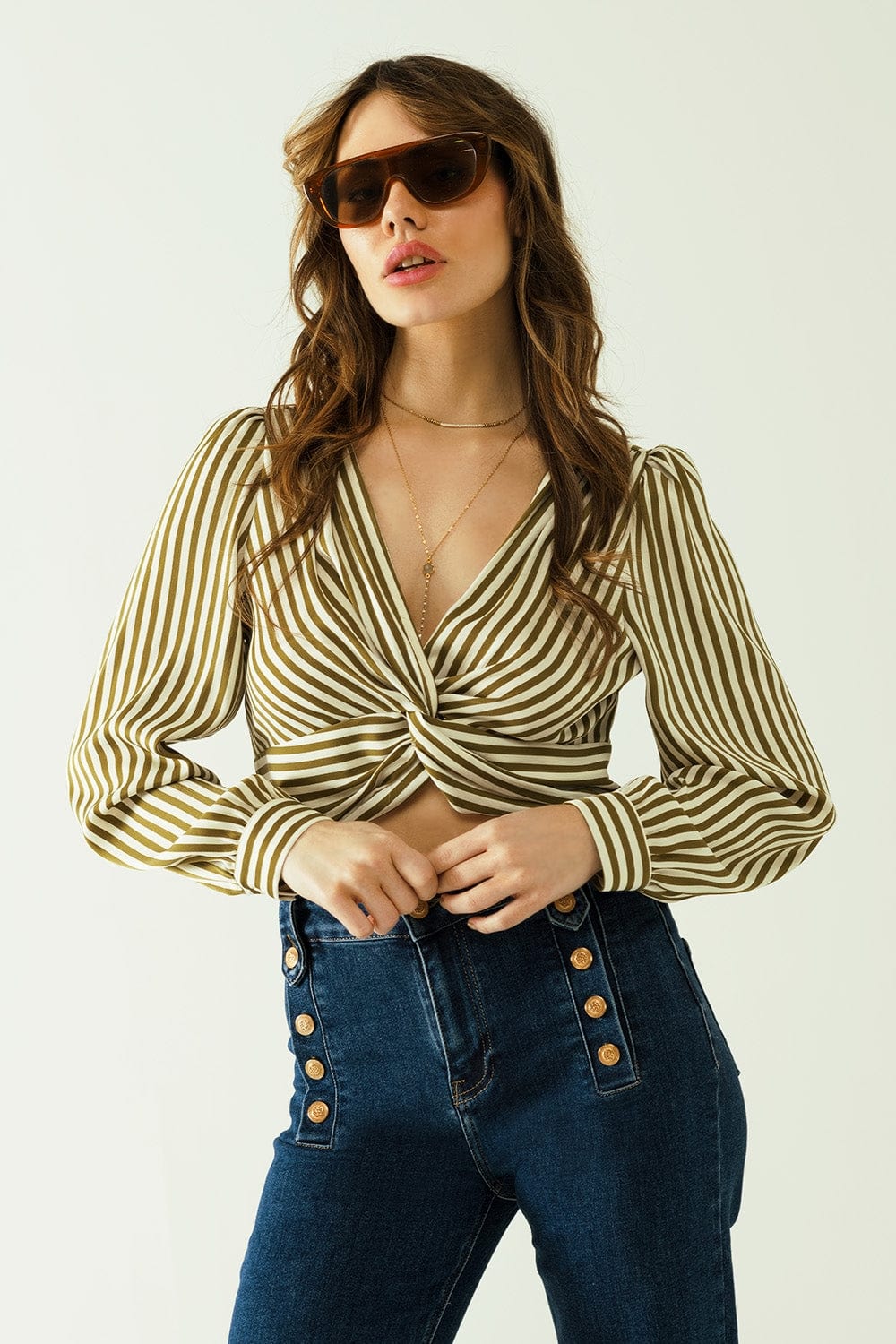Q2 Women's Blouse White Long Sleeves Crop Top With Brown Stripes And V-Neck