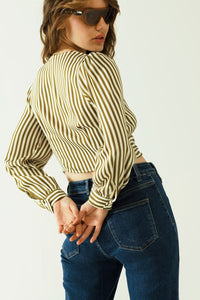 Q2 Women's Blouse White Long Sleeves Crop Top With Brown Stripes And V-Neck