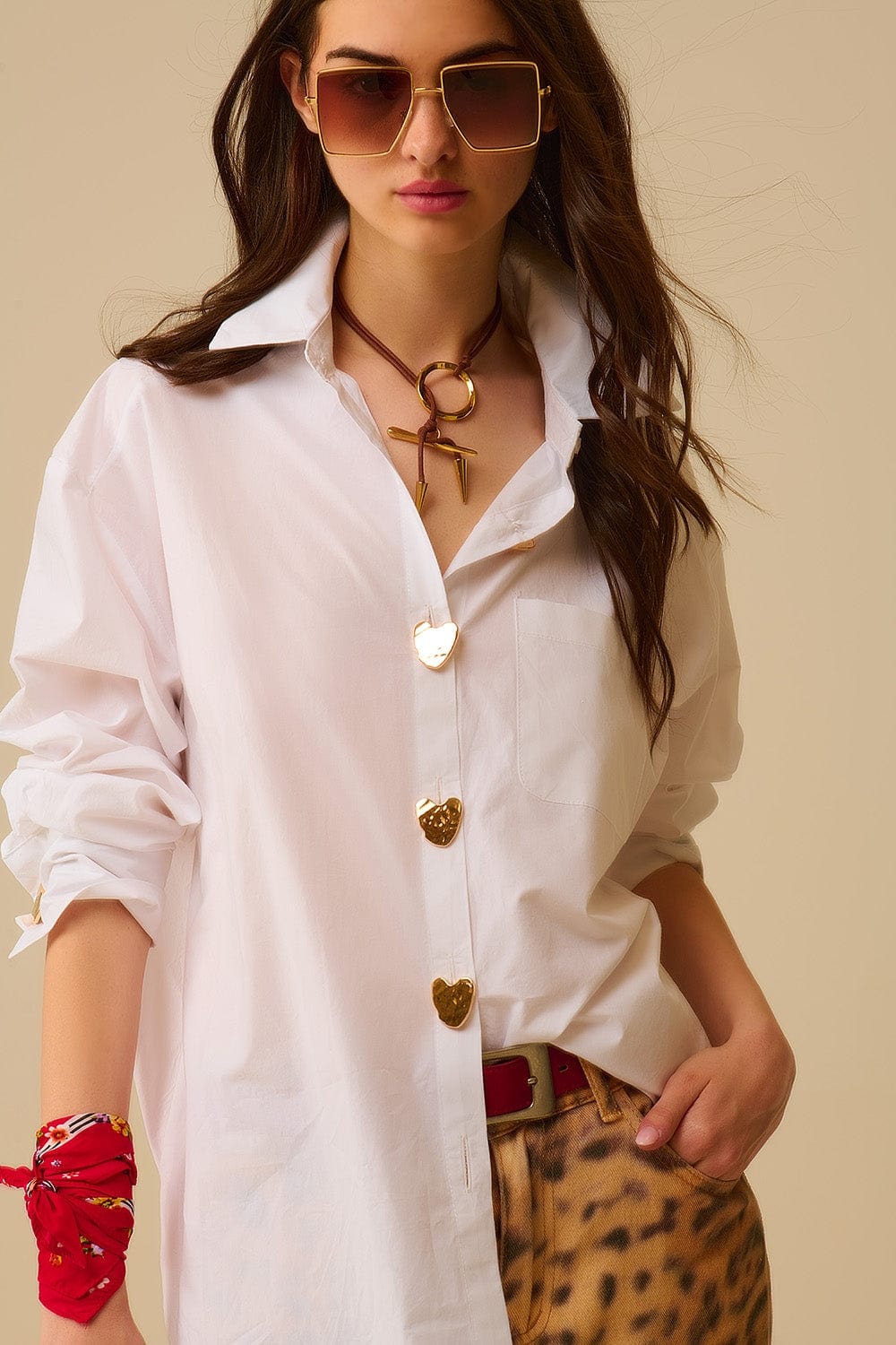 Q2 Women's Blouse White Oversized Blouse With Gold Heart Buttons