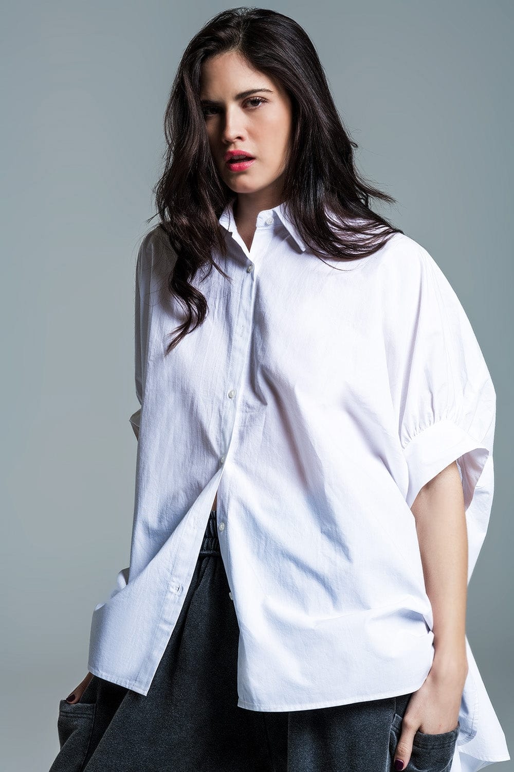 Q2 Women's Blouse White Oversized Blouse With Short Sleeves