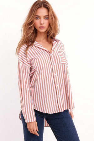 Q2 Women's Blouse White Oversized Blouse With Vertical Stripes In Pink And Chest Pocket