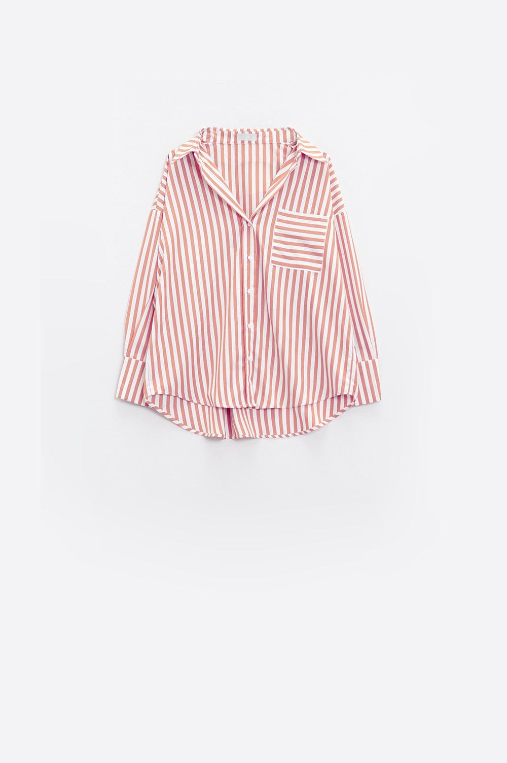 Q2 Women's Blouse White Oversized Blouse With Vertical Stripes In Pink And Chest Pocket