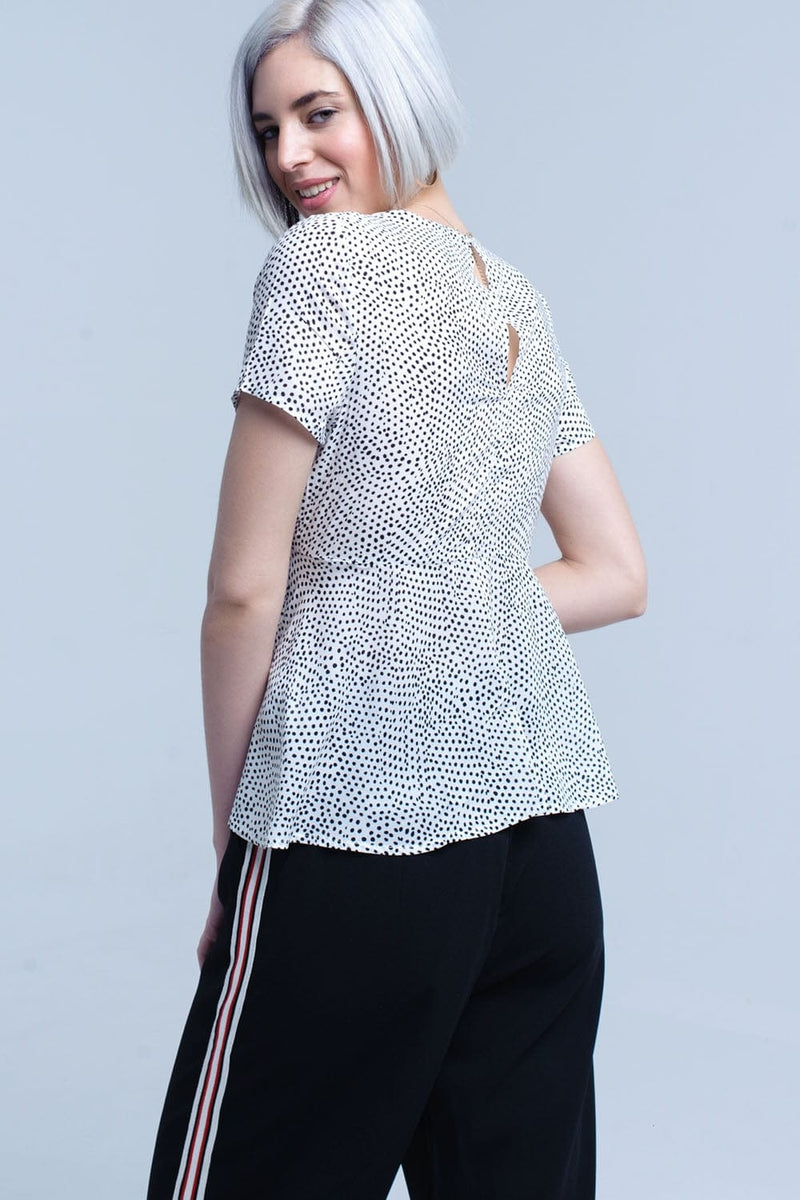 Q2 Women's Blouse White polka dot top with ruffle hem