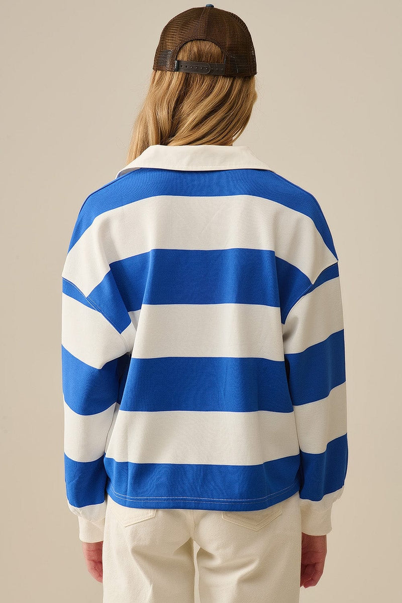 Q2 Women's Blouse White Relaxed Striped Polo Blouse With Blue Stripes
