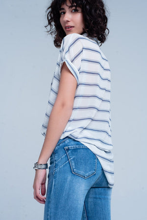 Q2 Women's Blouse White short sleeve drape wrap blouse with blue striped design