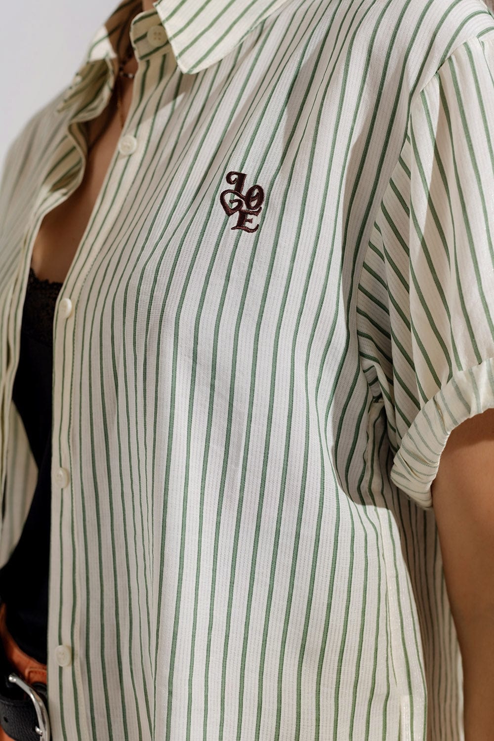 Q2 Women's Blouse White Striped Blouse With Love Logo On Chest