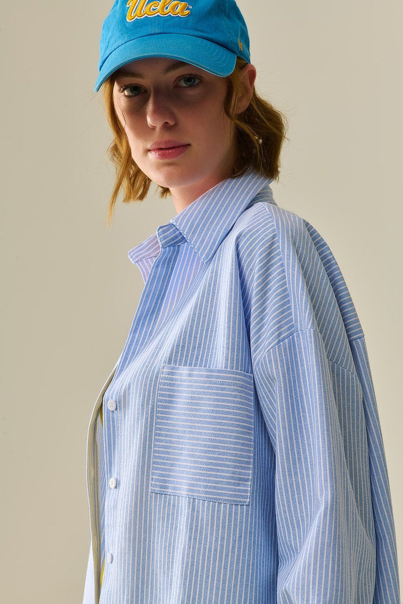 Q2 Women's Blouse White Striped Buttoned Shirt In Blue