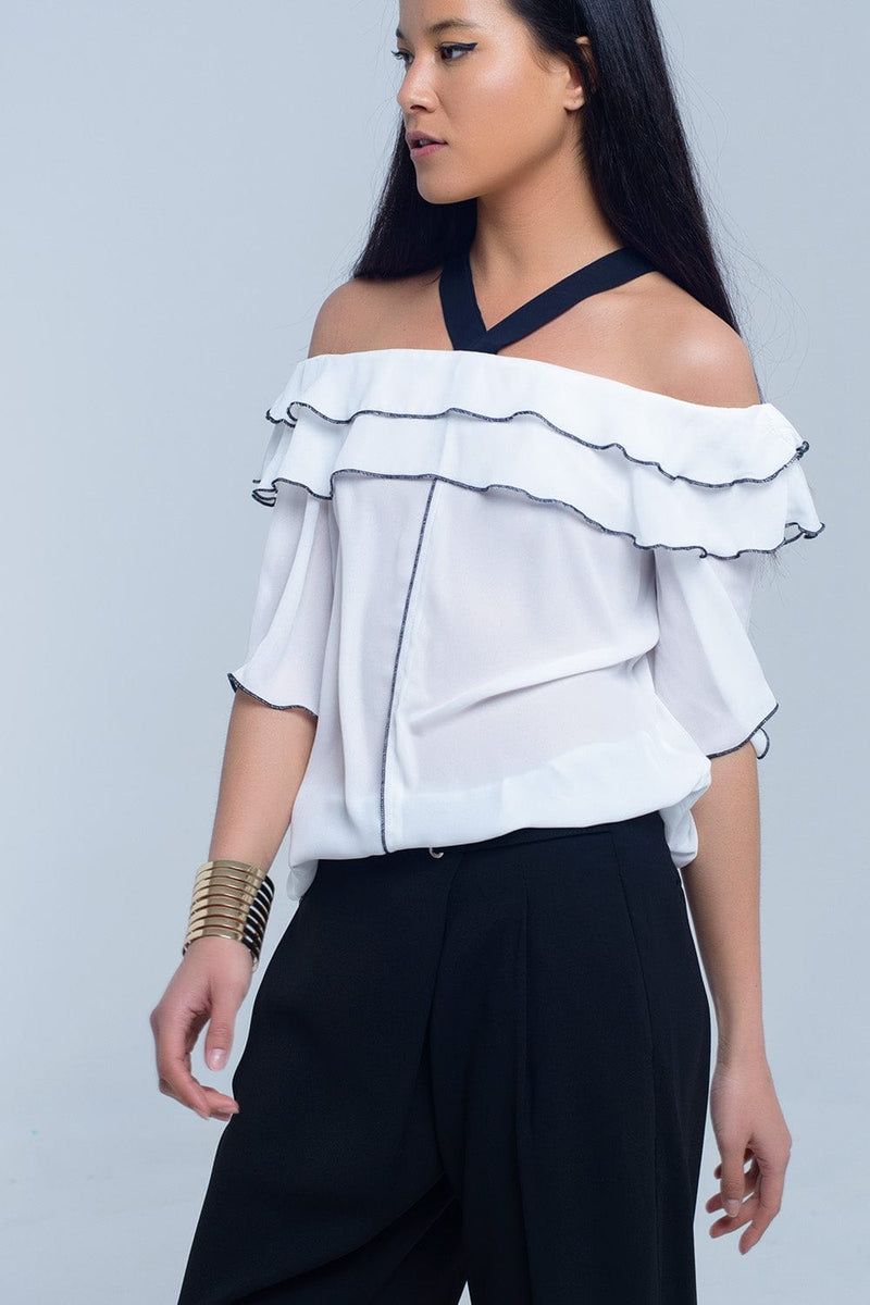 Q2 Women's Blouse White top with black contrast trim