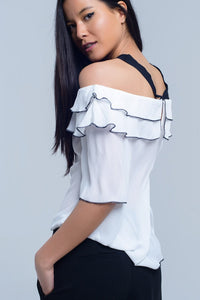 Q2 Women's Blouse White top with black contrast trim