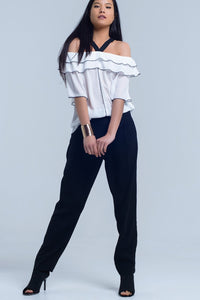 Q2 Women's Blouse White top with black contrast trim