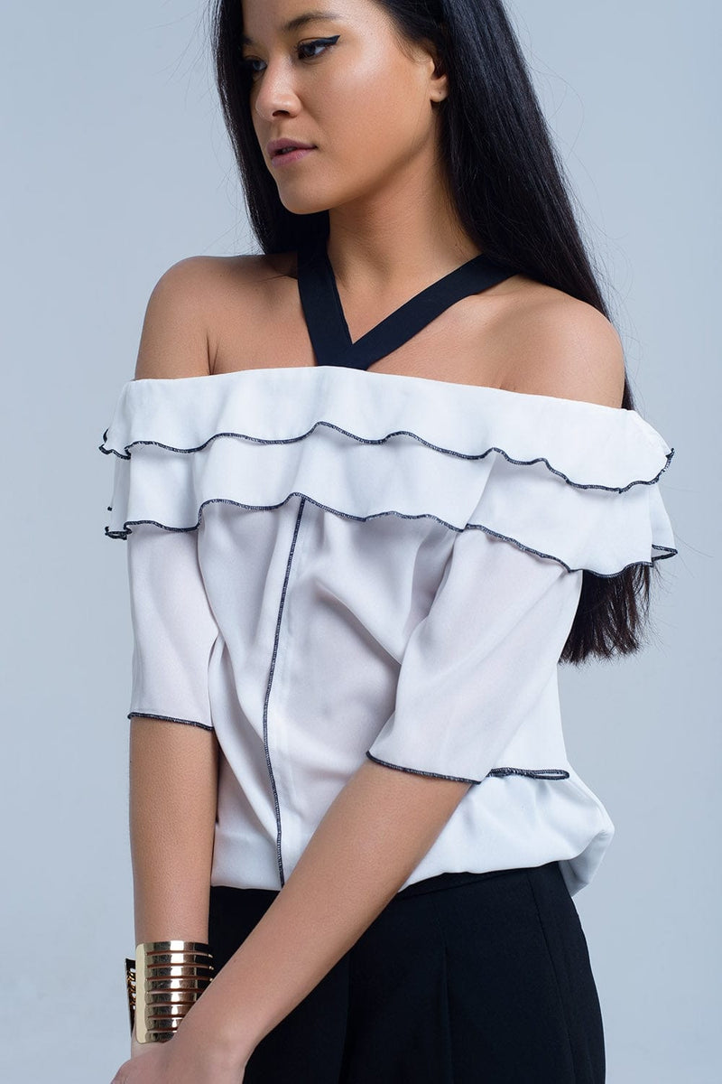 Q2 Women's Blouse White top with black contrast trim