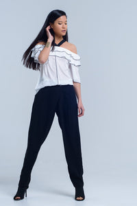Q2 Women's Blouse White top with black contrast trim