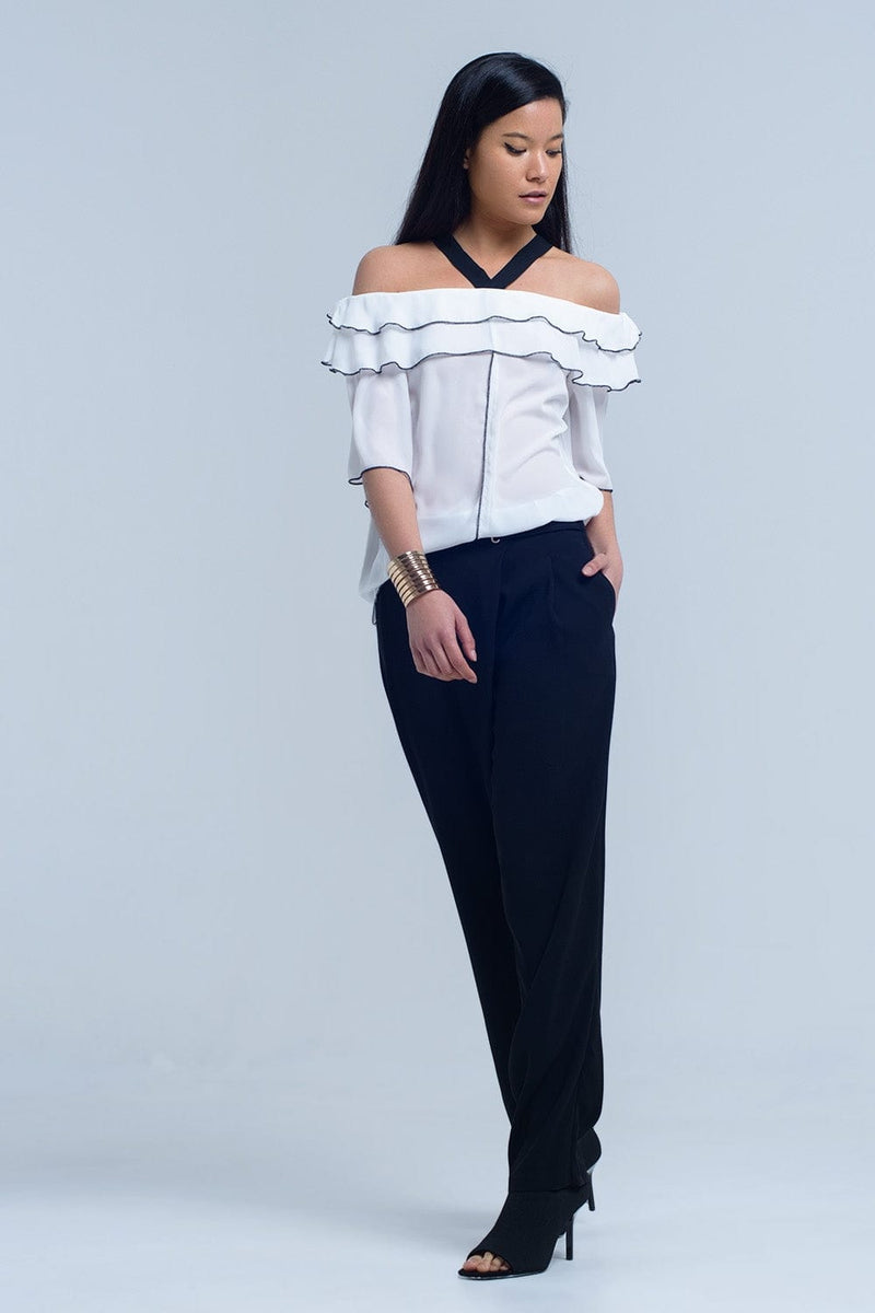 Q2 Women's Blouse White top with black contrast trim