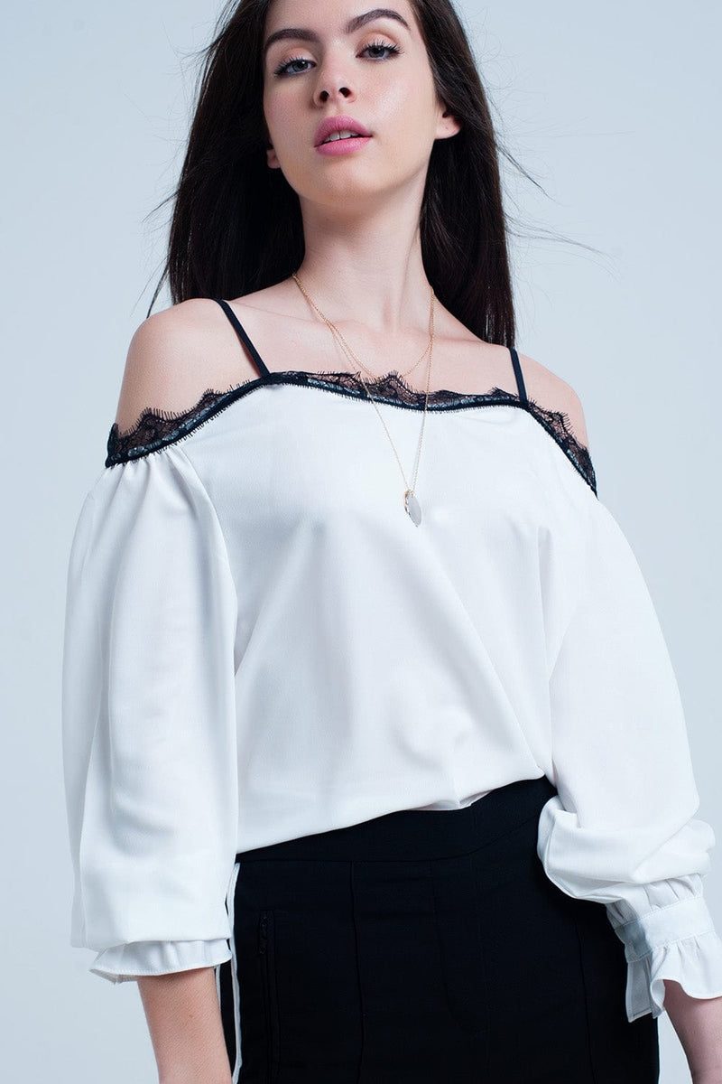 Q2 Women's Blouse White top with black lace and bare shoulders