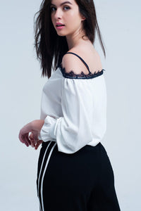 Q2 Women's Blouse White top with black lace and bare shoulders