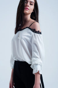 Q2 Women's Blouse White top with black lace and bare shoulders