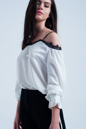 Q2 Women's Blouse White top with black lace and bare shoulders