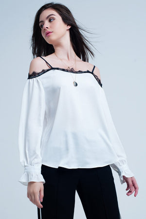 Q2 Women's Blouse White top with black lace and bare shoulders