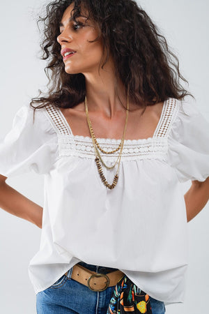 Q2 Women's Blouse White Top With Square Neckline And Short Sleeves