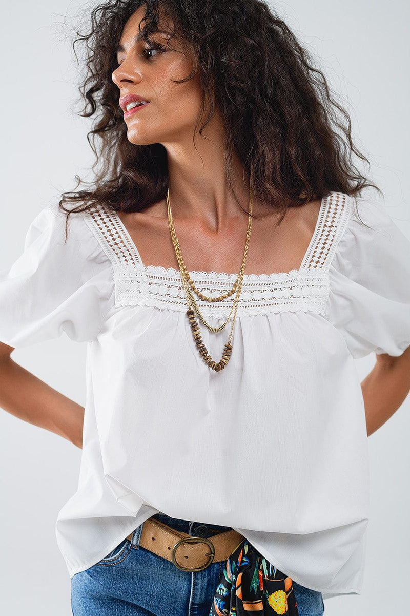 Q2 Women's Blouse White Top With Square Neckline And Short Sleeves