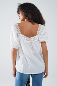 Q2 Women's Blouse White Top With Square Neckline And Short Sleeves