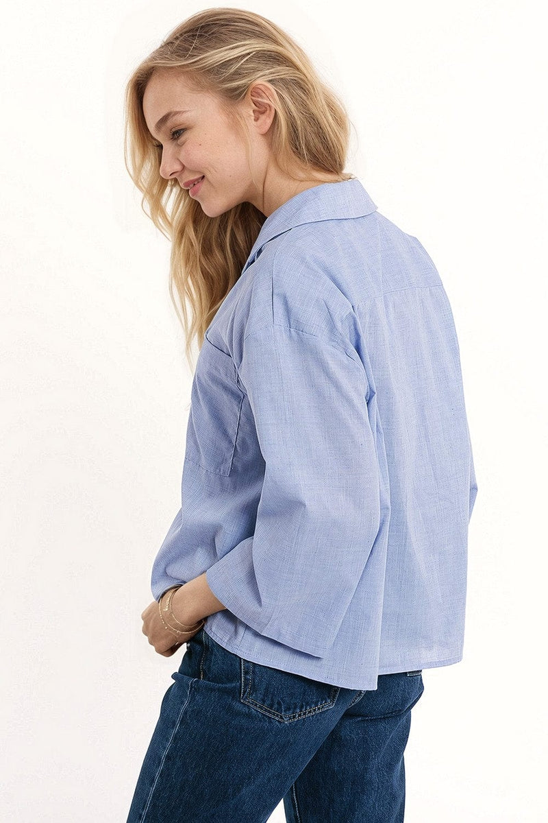 Q2 Women's Blouse Wide 3/4 Sleeves Blue Shirt With One Chest Pocket