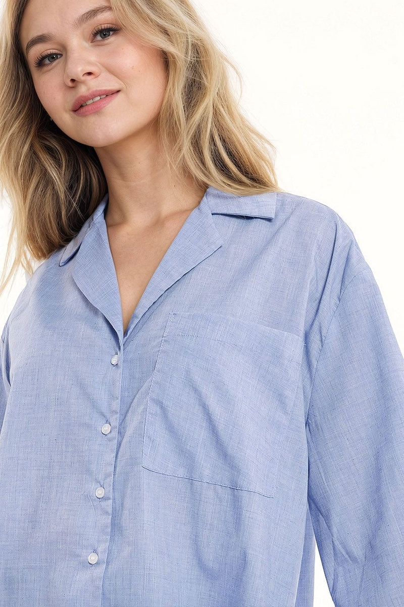 Q2 Women's Blouse Wide 3/4 Sleeves Blue Shirt With One Chest Pocket