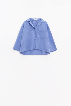 Q2 Women's Blouse Wide 3/4 Sleeves Blue Shirt With One Chest Pocket