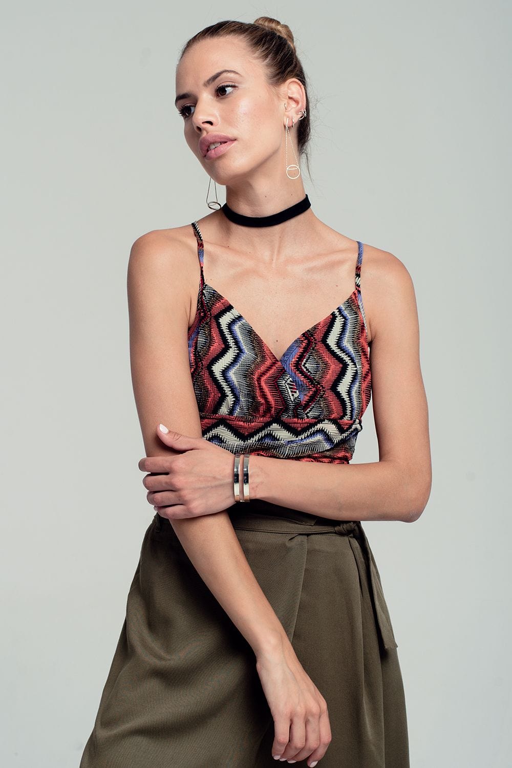 Q2 Women's Blouse Wrap geo-tribal printed crop top in red