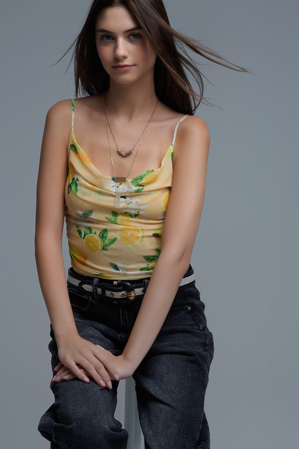 Q2 Women's Blouse Yellow Body Top With Lemon Print In Mesh Fabric