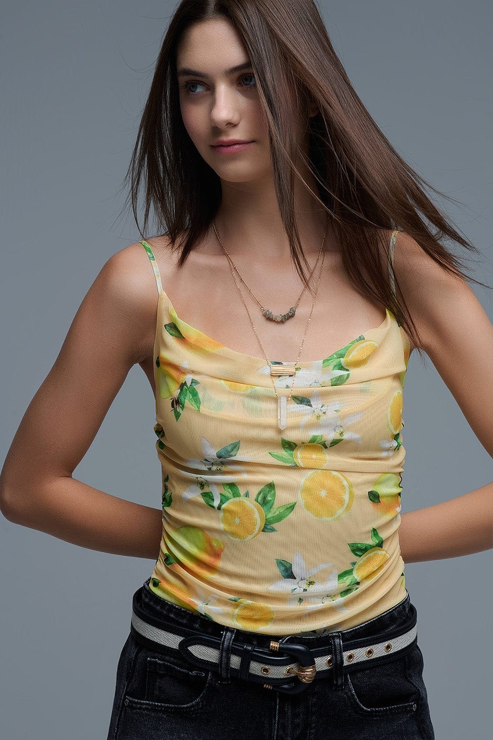 Q2 Women's Blouse Yellow Body Top With Lemon Print In Mesh Fabric