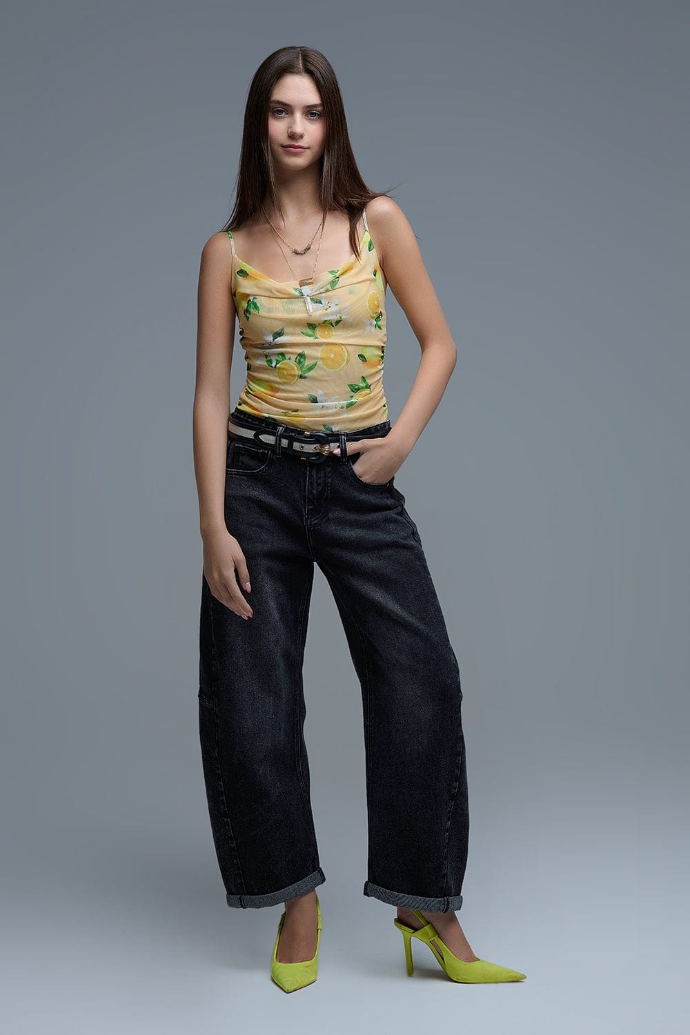 Q2 Women's Blouse Yellow Body Top With Lemon Print In Mesh Fabric