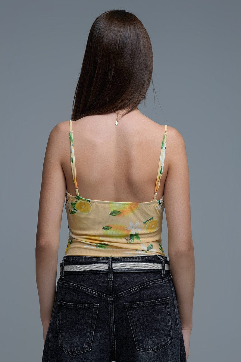 Q2 Women's Blouse Yellow Body Top With Lemon Print In Mesh Fabric