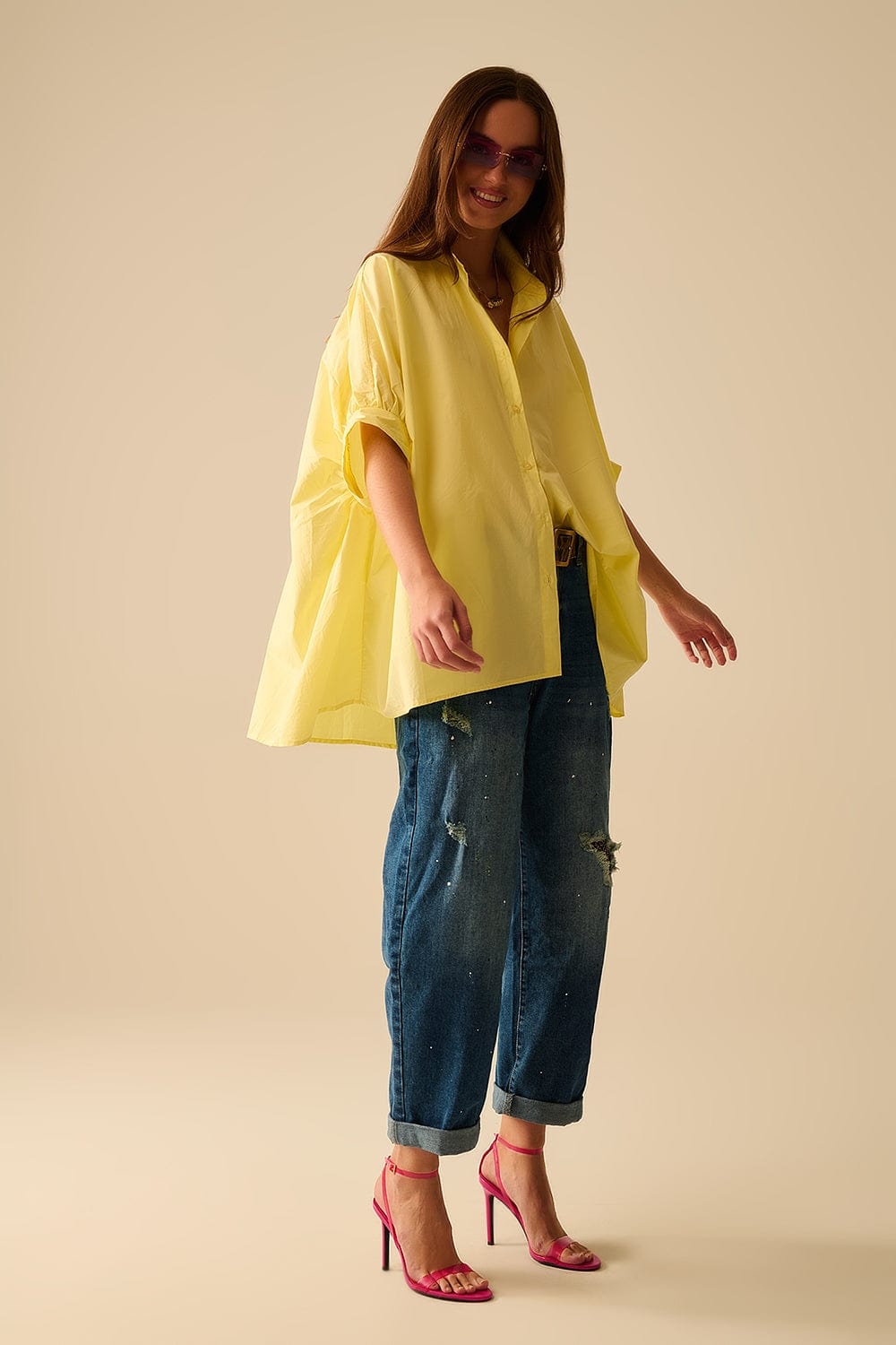 Q2 Women's Blouse Yellow Oversized Blouse With Short Sleeve