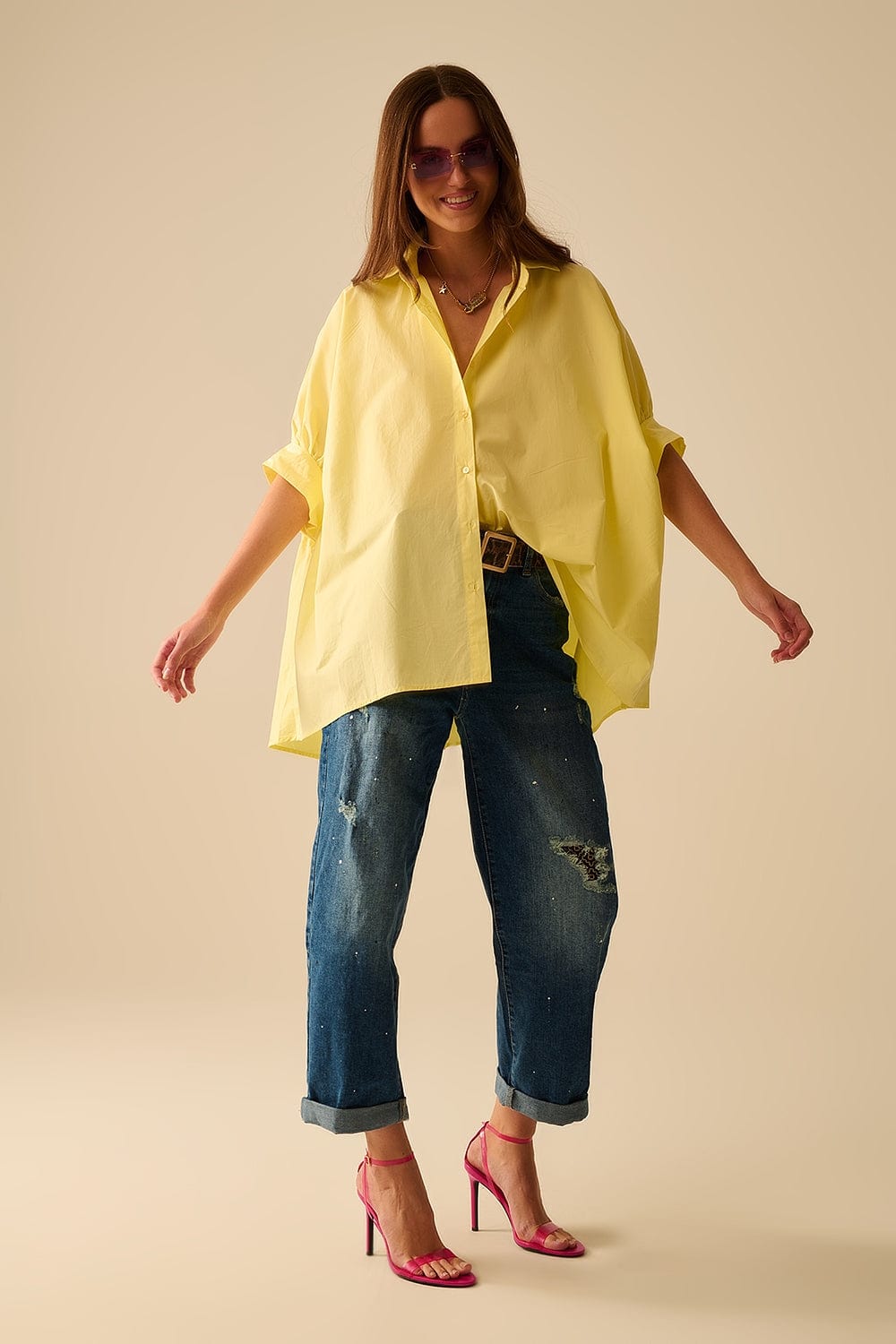 Q2 Women's Blouse Yellow Oversized Blouse With Short Sleeve