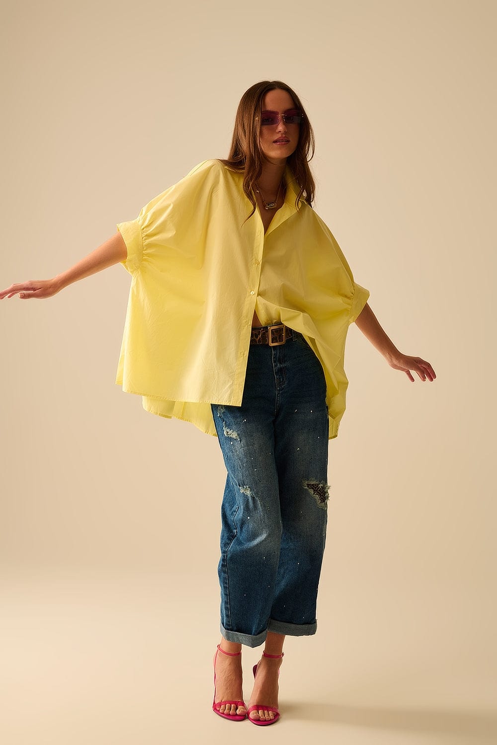 Q2 Women's Blouse Yellow Oversized Blouse With Short Sleeve