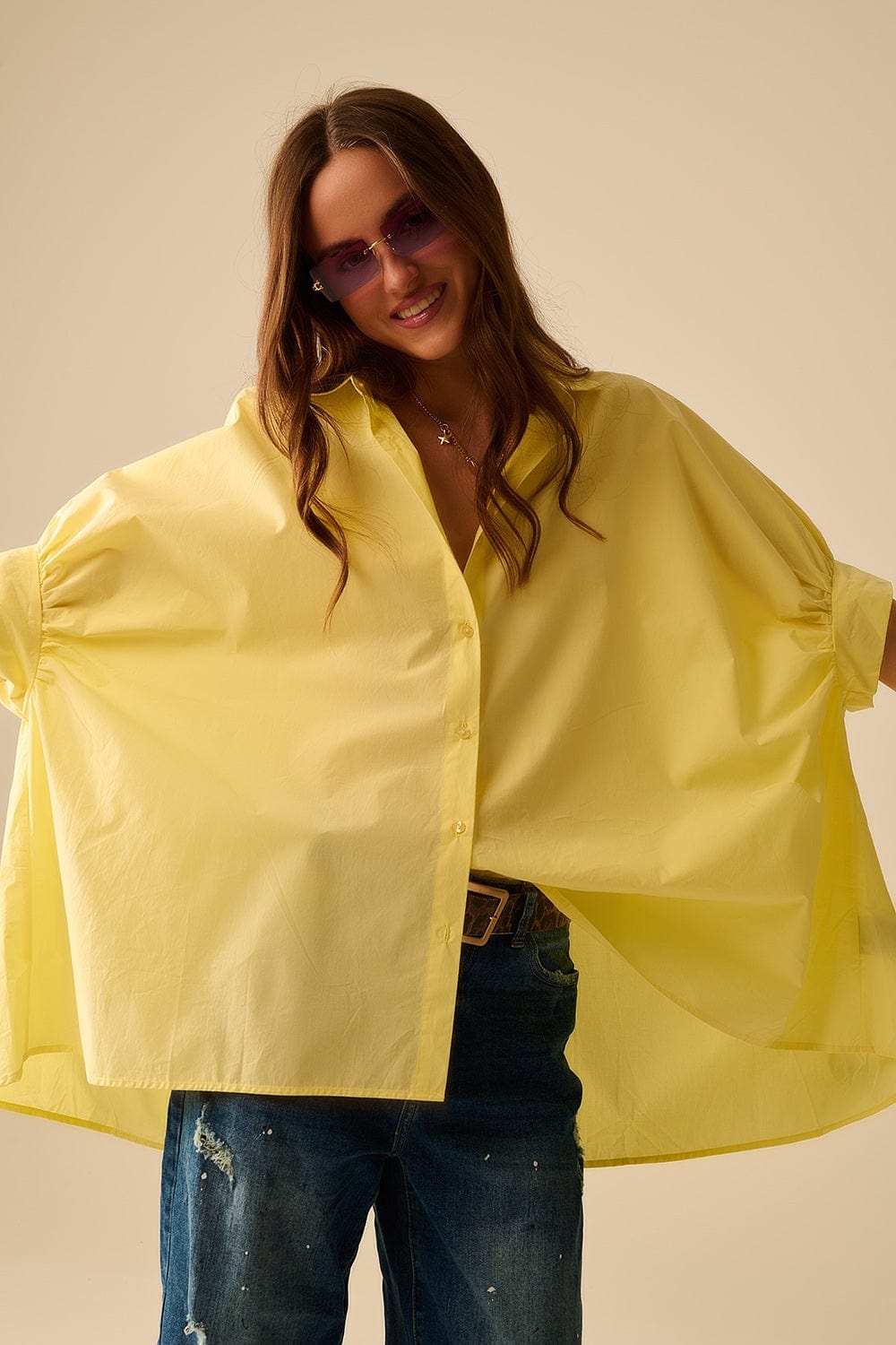 Q2 Women's Blouse Yellow Oversized Blouse With Short Sleeve